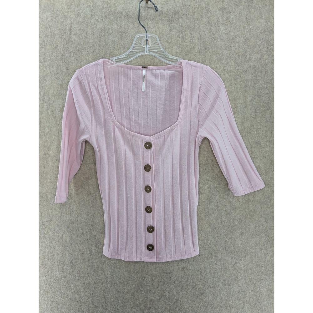 Free People Ribbed Button Up 3/4 Sleeve Top Pink XS Square Neck Knit
